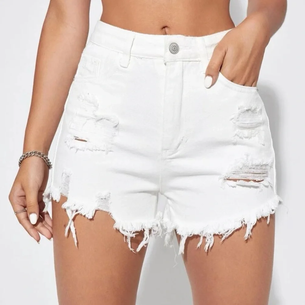 Distressed raw hem ripped high waisted denim jean shorts black - Picture 5 of 8